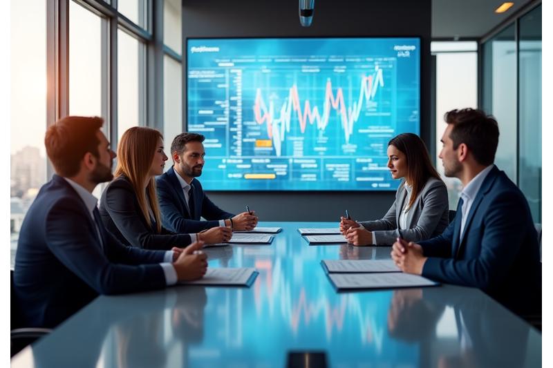A diverse group of professionals in a modern, light-filled office, engaged in a collaborative discussion around a large screen displaying financial charts, symbolizing StakePro's client-centered approach.