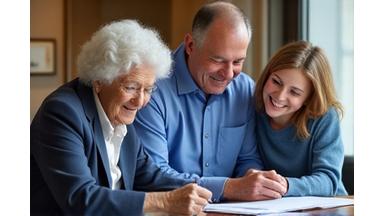 Image of a multi-generational family happily collaborating in a professional setting, symbolizing business succession and harmony.