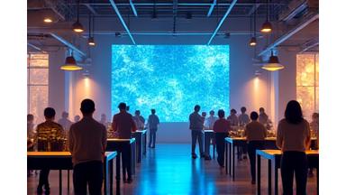 Image of a modern tech office environment with vibrant screens and collaborative team, symbolizing innovation and diversified growth.