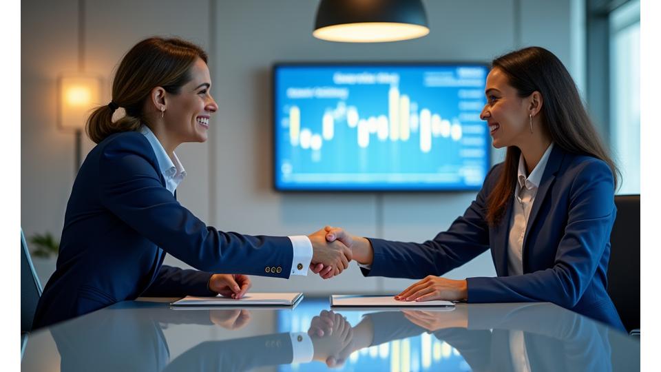 Image of two business professionals shaking hands over a financial chart, symbolizing a successful consultation and partnership.