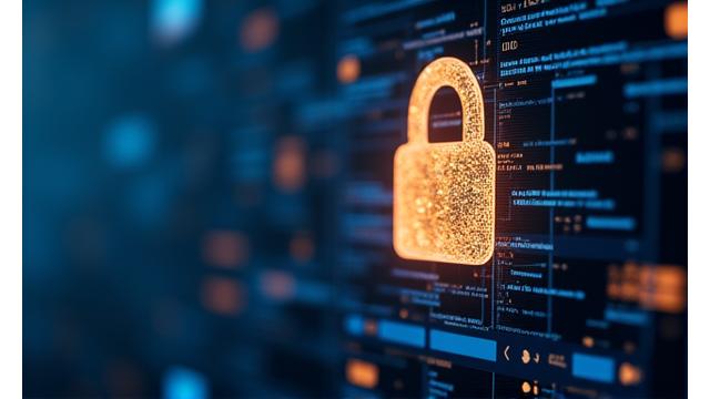 Secure data entry, padlock icon over a digital interface