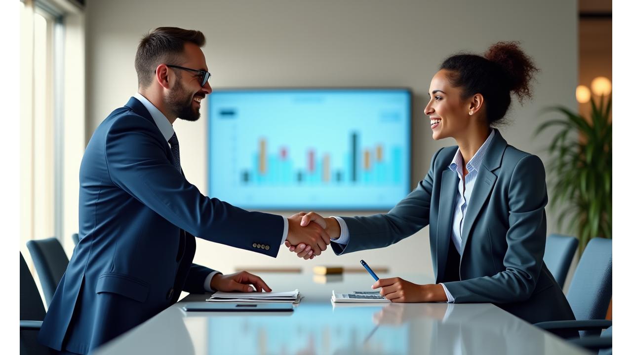 Professionals shaking hands across a table, symbolizing connection and partnership