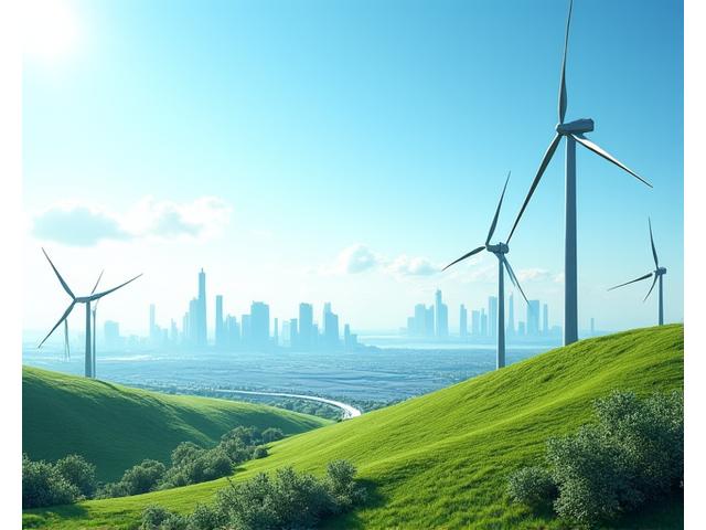 A vibrant scene featuring elements of clean energy and green technology, such as wind turbines, solar farms, and electric vehicles, set against a backdrop of a healthy, thriving natural landscape.