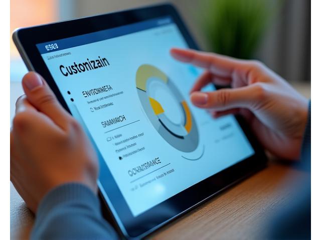 An intuitive digital interface showing customizable sliders and toggles for different ESG factors (environmental, social, governance), allowing a user to personalize their investment portfolio, with a hand interacting with a tablet.