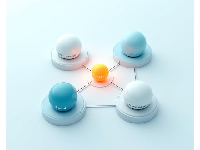 Infographic illustrating StakePro's ESG integration framework with interconnected circles representing Environmental, Social, and Governance factors and their influence on financial analysis.