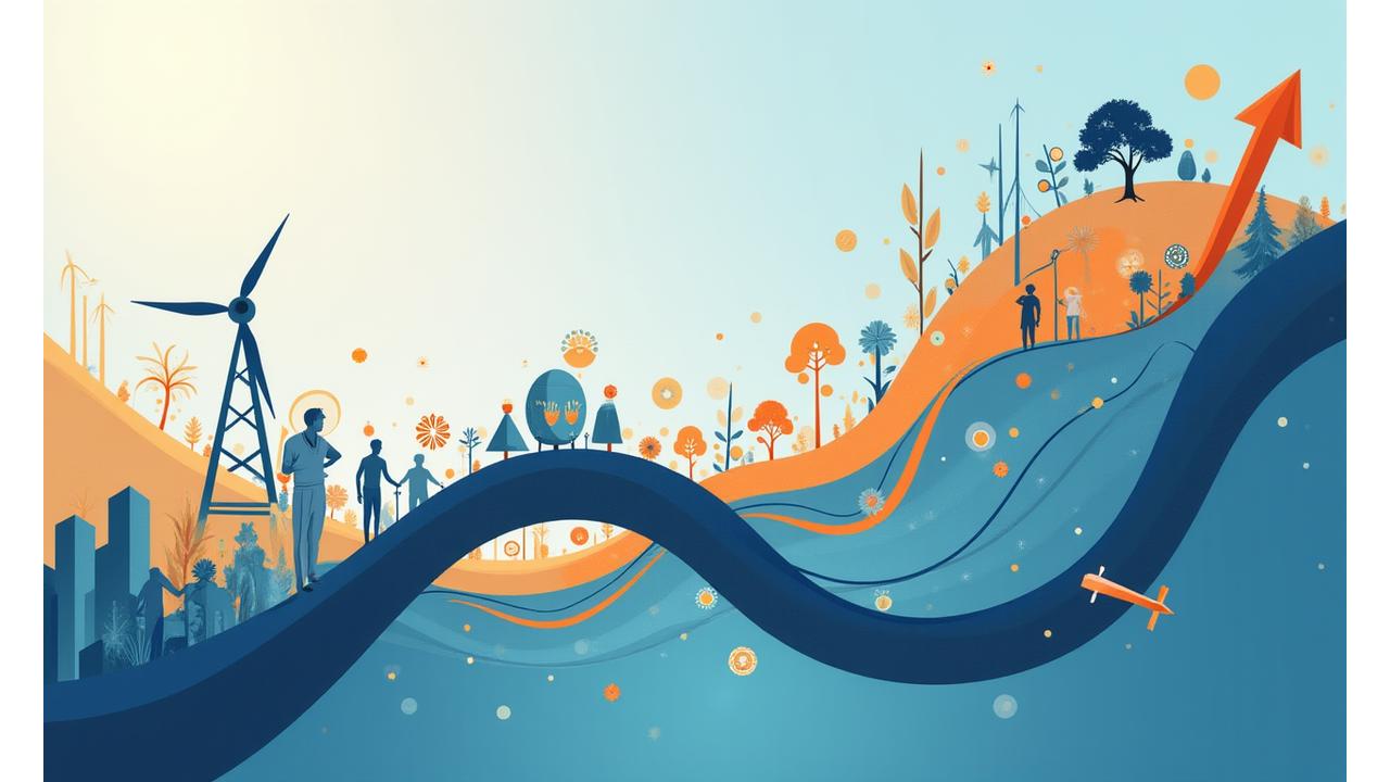 Visual representation of ESG performance outperforming traditional investments, showing growth curves alongside environmental and social impact visuals.
