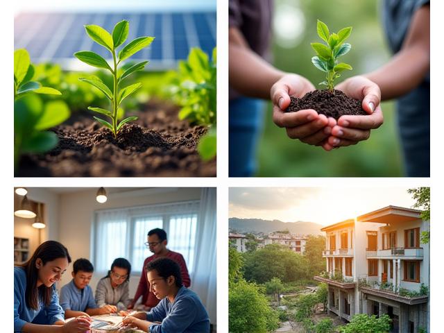 Diverse images representing various impact investing sectors: solar panels, a community health clinic, microloan recipients, and a sustainable urban garden, all conveying positive change.