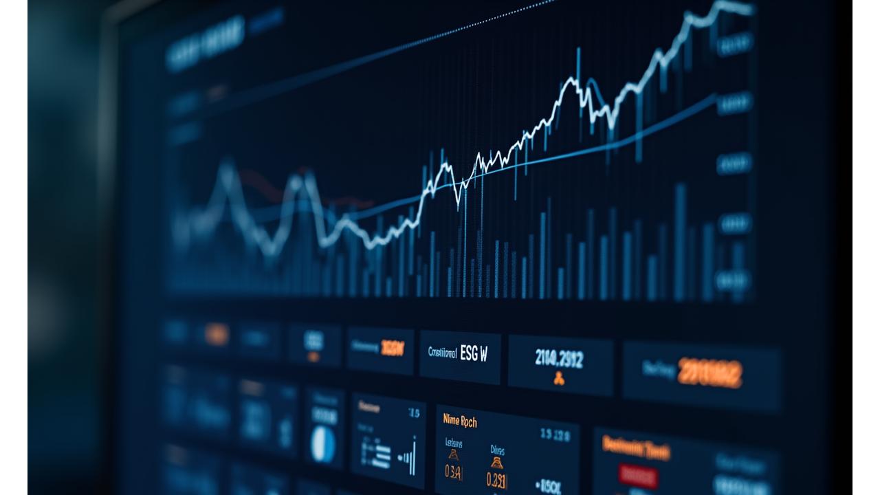 A dynamic dashboard showing comparative performance charts of ESG portfolios versus traditional benchmarks over various timeframes, demonstrating competitive returns and lower volatility.