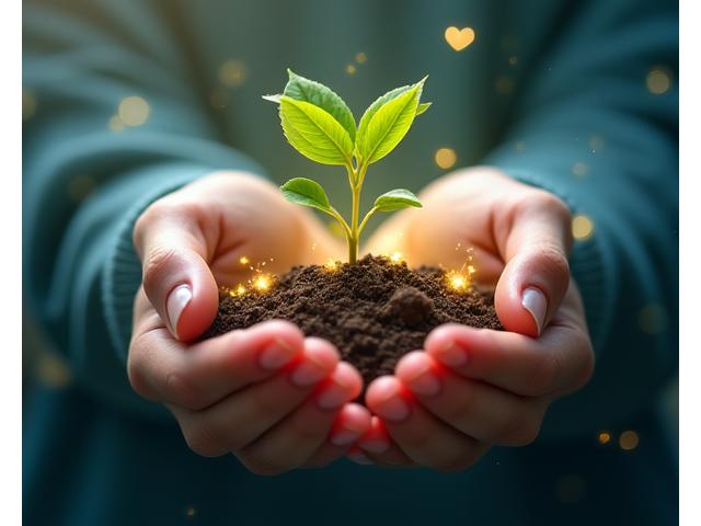 Stylized graphic showing hands holding a growing plant or tree, with coins and hearts floating around it, symbolizing growth, giving, and financial impact. Dominant colors are brand blue, green, and amber.
