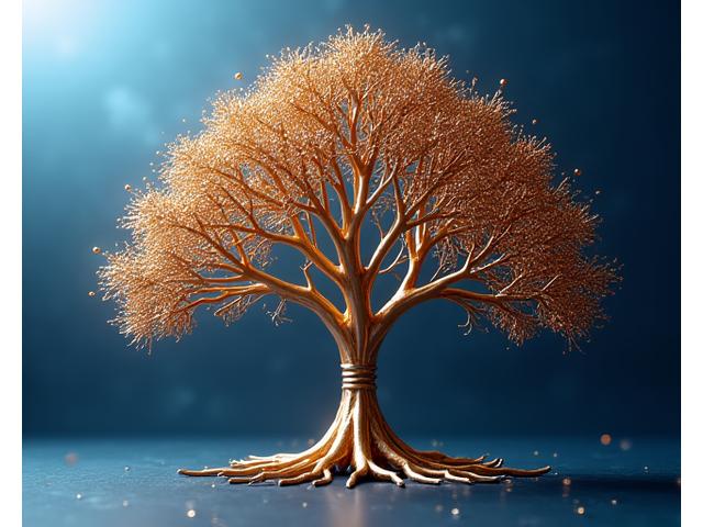 An elegant, abstract representation of a family tree with interlocking branches and leaves, each symbolizing a generation, demonstrating wealth flowing downwards. Colors are gold, amber, and deep blues.