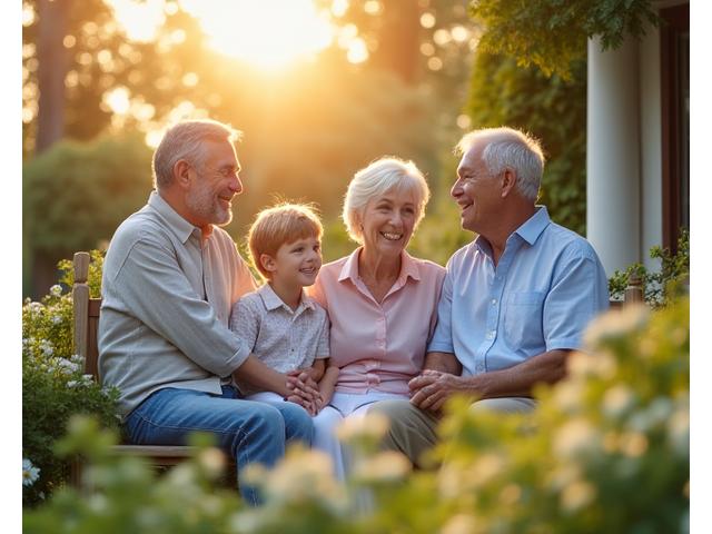 A serene family, spanning three generations, smiling together in a beautifully maintained garden, symbolizing legacy and wealth preservation.