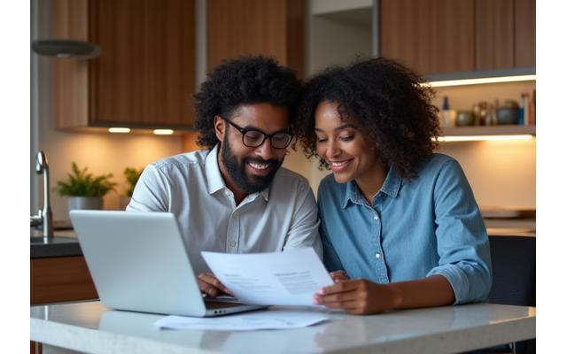 Diverse couple reviewing financial documents