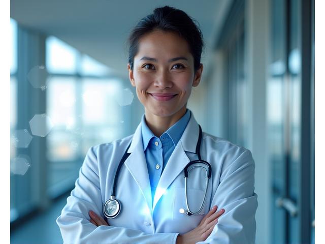 A medical professional looking confident standing in front of a metaphorical shield representing financial protection and security.