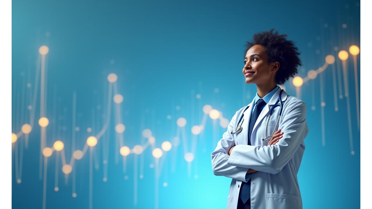 Doctor in a lab coat reviewing a financial timeline with complex career milestones and financial planning checkpoints