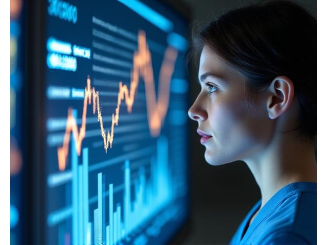 A medical professional looking thoughtfully at a tablet displaying complex financial graphs related to student loan repayment and savings.