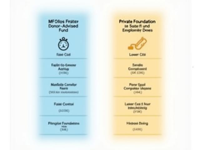 Infographic comparing Donor-Advised Funds (DAFs) with Private Foundations, highlighting ease of setup, cost, privacy, and control, using icons and simplified text.