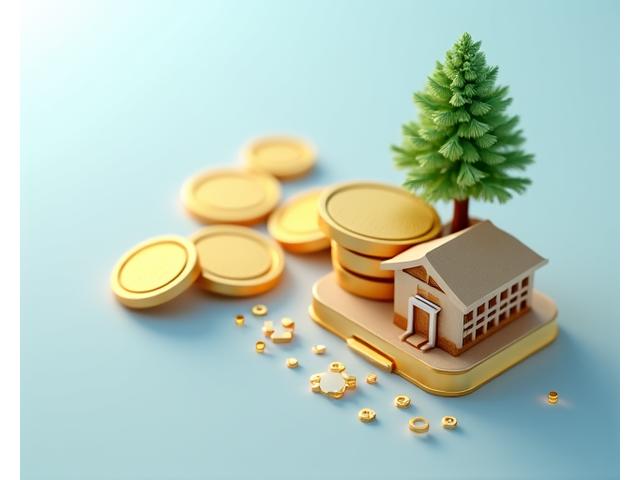 Pile of coins next to a small wooden house with trees, symbolizing growth and giving through a donor-advised fund.