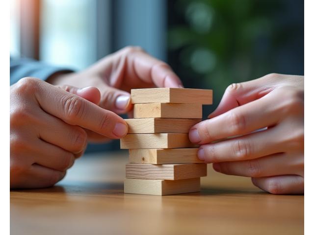 Intergenerational family hands collaboratively building wooden blocks, symbolizing the creation of a lasting family foundation.