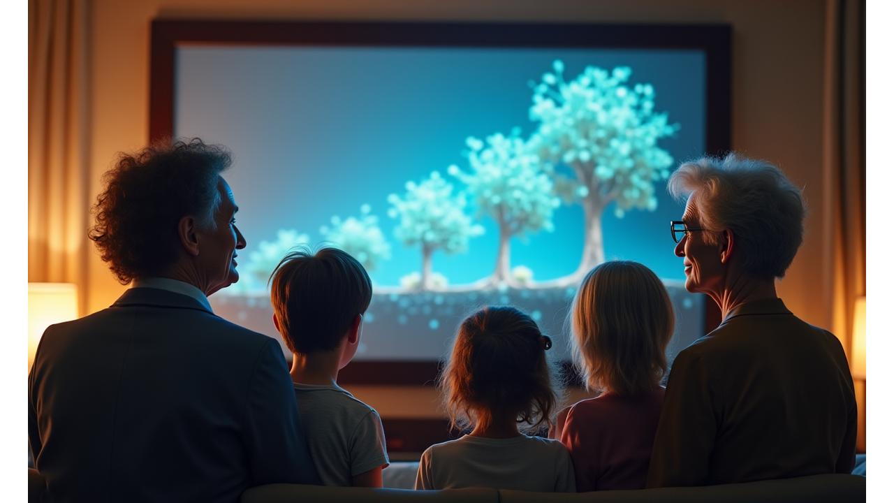 Family timeline showing philanthropic milestones and growth, with a growing tree symbolizing legacy, set against a backdrop of global impact.