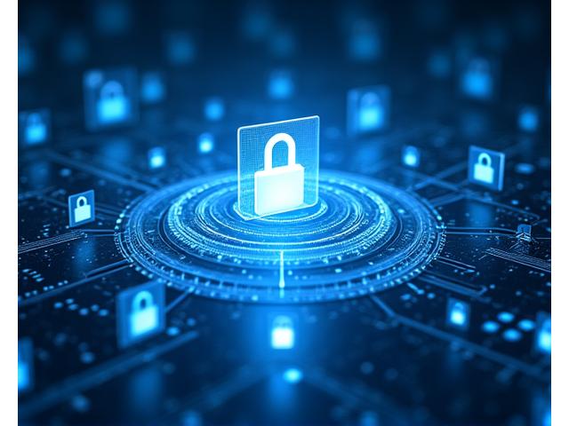 Illustration of a digital security network with lock icons, firewalls, and secure data tunnels, representing multi-layered protection
