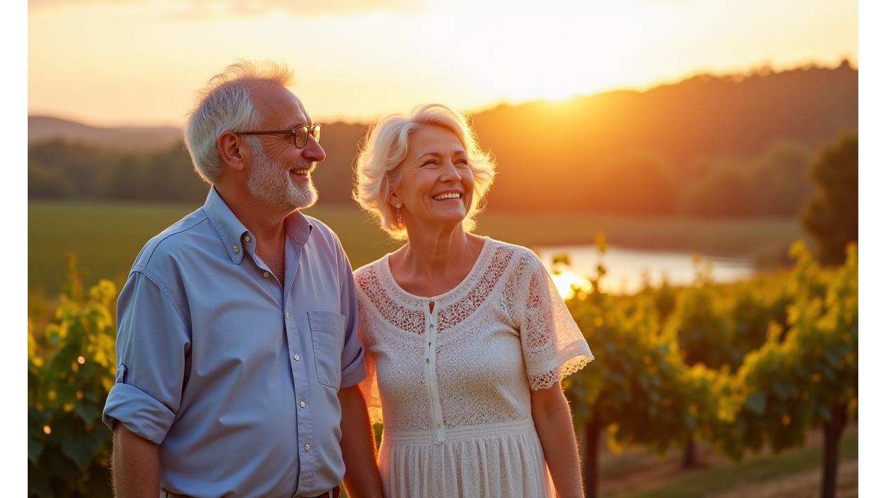 A serene couple enjoying retirement by a lake, symbolizing financial freedom and peace of mind.