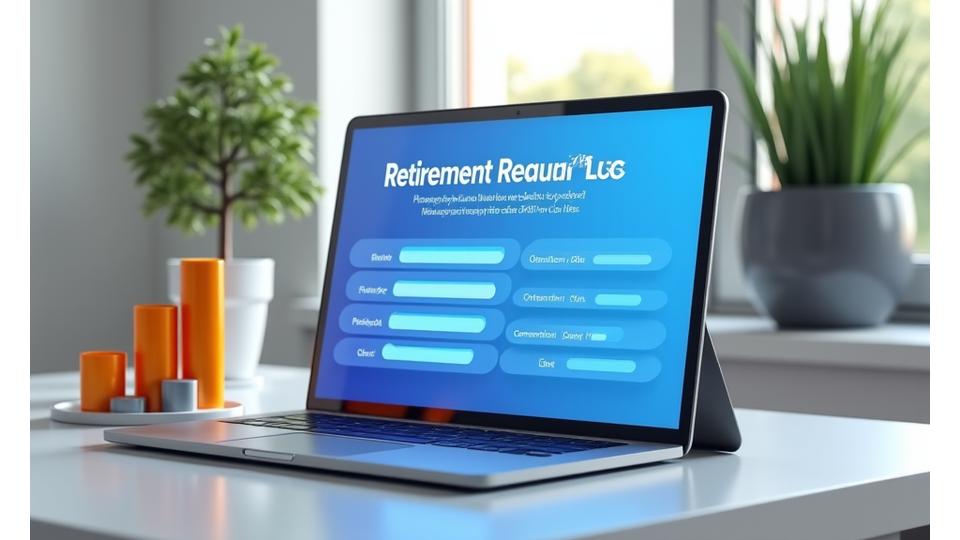A tablet displaying a retirement readiness quiz with a progress bar, surrounded by charts and graphs.