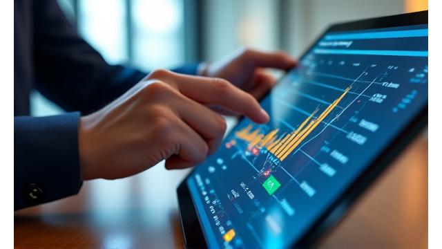 Close-up of hands reviewing financial charts on a tablet within a professional setting, symbolizing in-depth analysis.