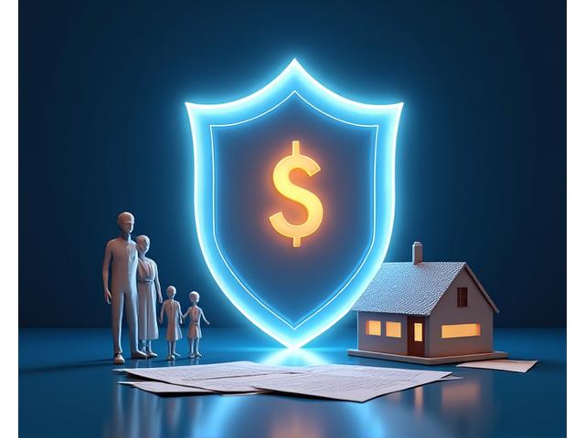 Abstract security shield protecting financial documents and family figures.