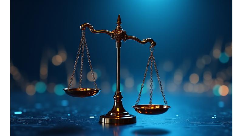 Scales of justice with financial charts in the background, symbolizing balanced regulation