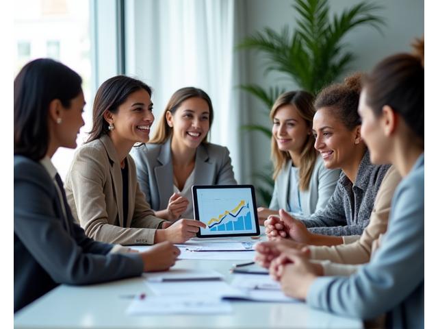 Diverse group of successful women and individuals collaborating on financial documents, symbolizing empowerment and shared goals.