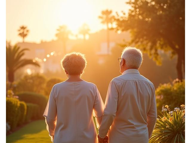 A serene image of an older diverse couple enjoying retirement, with a subtle overlay of financial growth charts.